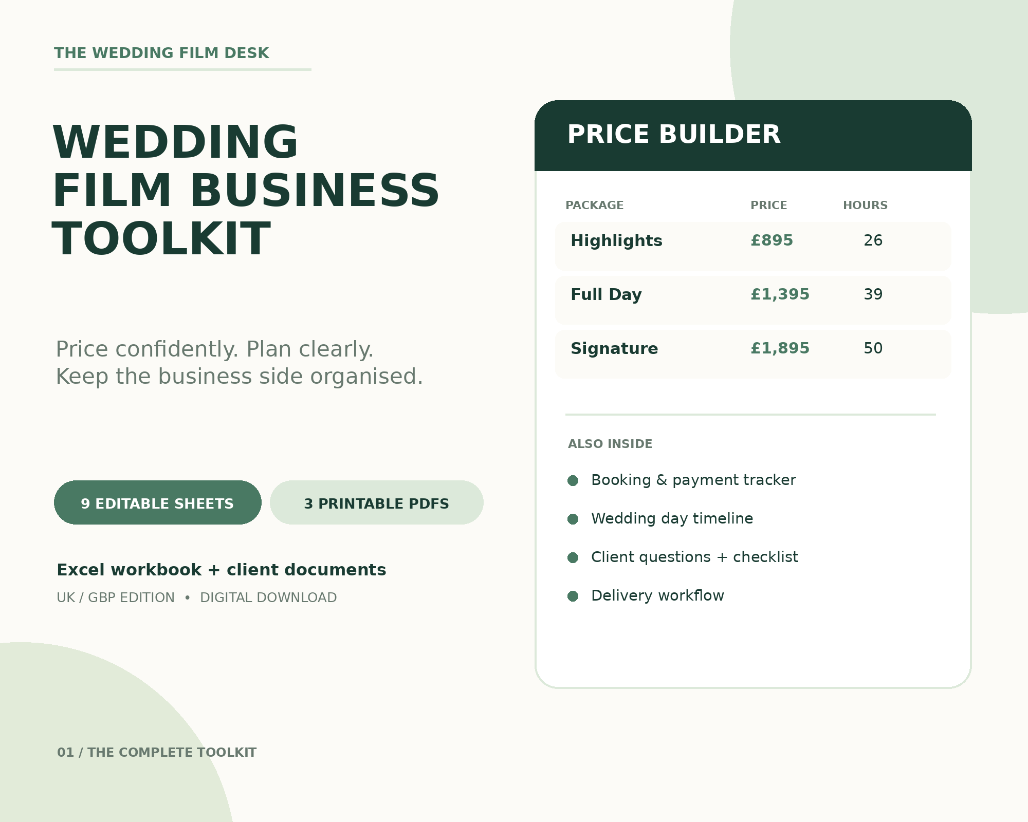 The Wedding Film Desk business toolkit cover showing an example pricing builder
